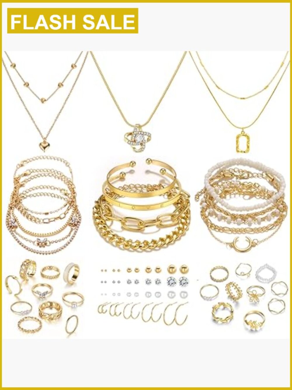 14K Gold Plated Jewelry Set with Necklace Bracelet Rings Earrings